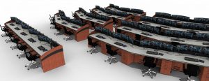 Multiple rows of control room furniture desks in a NOC