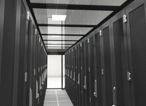 Black hot cold aisle containment ceiling panels in data center server row