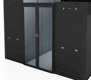 A double hinged aisle containment door rendering
