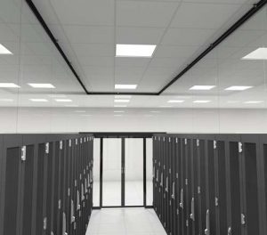 A vertical aisle containment strip curtain wall rendering